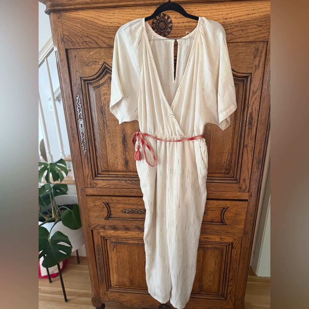 Size Small Bone Cream Jumpsuit with Subtle Stripe